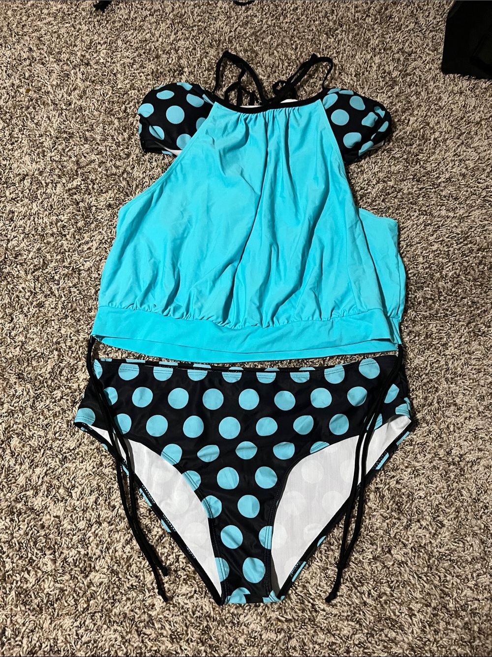 Turquoise and Black Polka Dot Two-Piece Swim Set